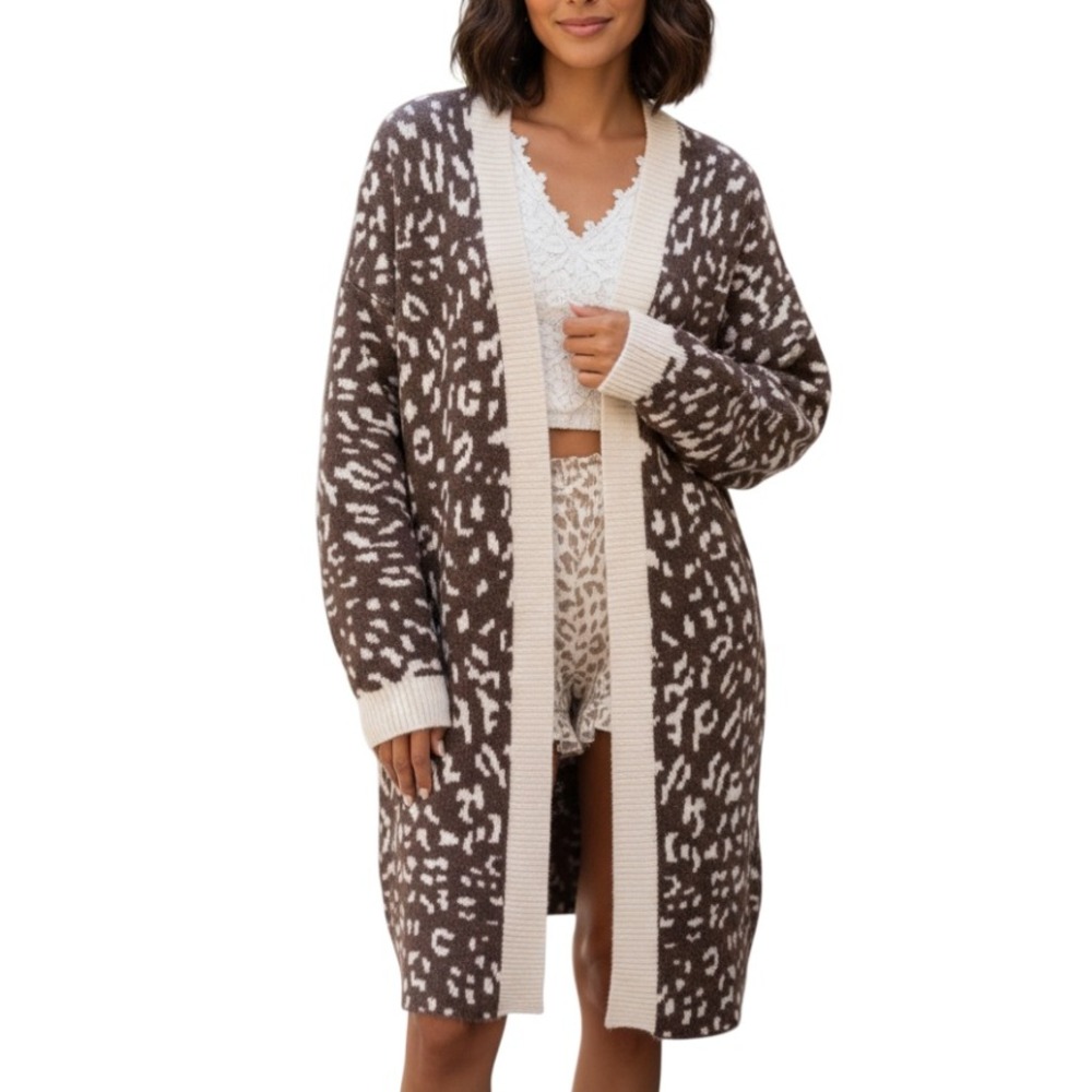 POL Super Soft COZY OPEN SWEATER CARDIGAN Long Plush BROWN ANIMAL PRINT Kimono S